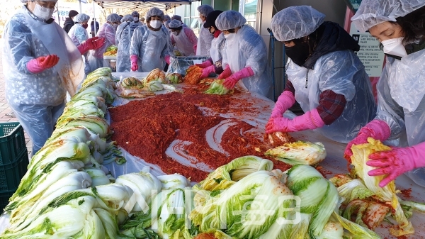 김장김치를 버무리는 모습이다. 유병길 기자