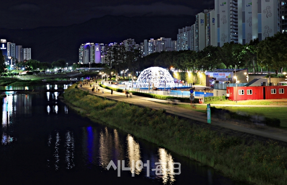 대봉교 다리 난간위에서 본 신천물놀이장 야간 조명 전경.  사진= 정지순 기자